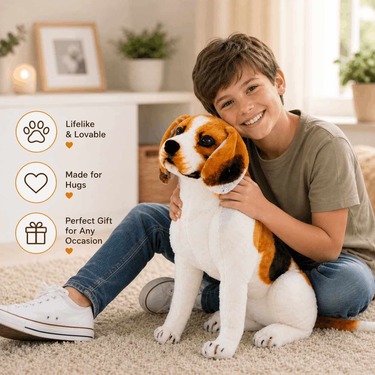 Realistic Beagle Dog Plush Stuffed Toy Child holding a plush dog toy in a cozy living room