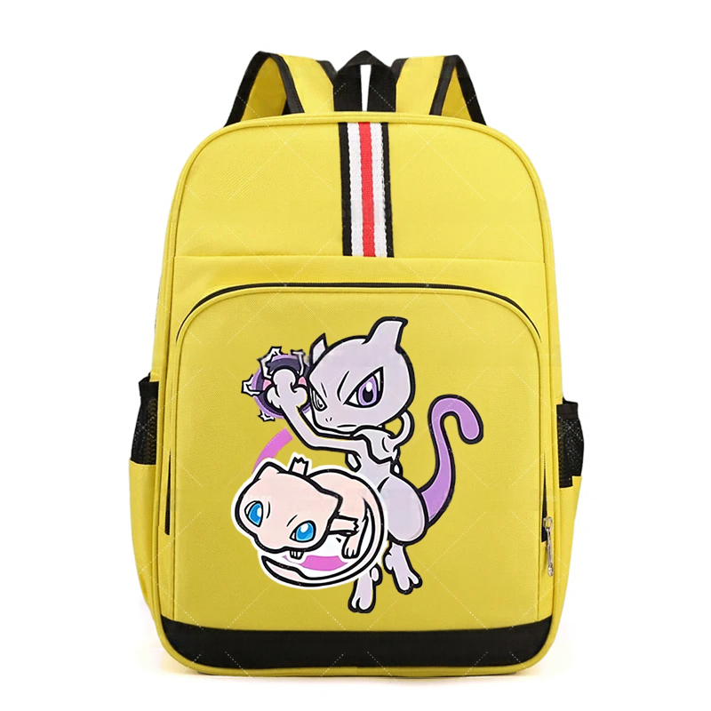 Pokemon Cartoon Backpack – Large Capacity School Bag A yellow backpack featuring Mew and Mewtwo cartoon graphics on the front pocket, with black side pockets and a vertical red, white, and black stripe on the upper back.