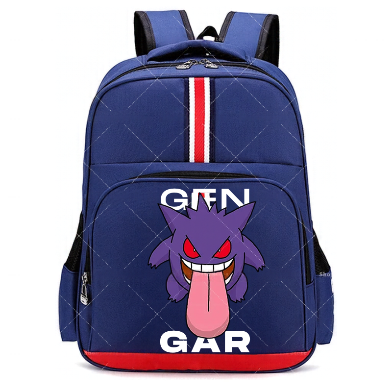 Pokemon Cartoon Backpack – Large Capacity School Bag A navy blue backpack featuring a cartoon Gengar graphic on the front pocket with the text 'Gengar Gar' and a vertical red, white, and blue stripe on the upper side.