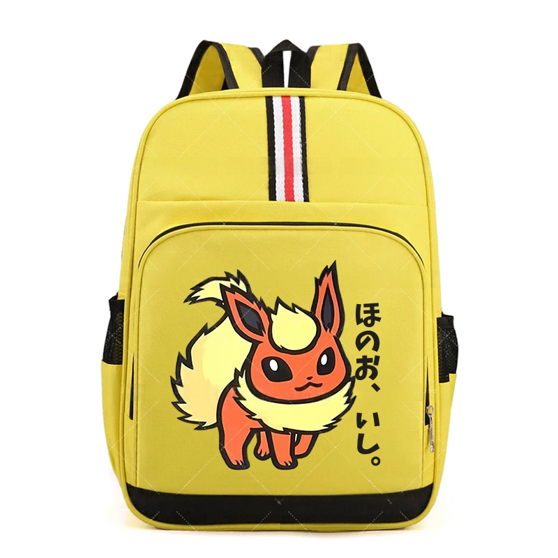 Pokemon Cartoon Backpack – Large Capacity School Bag A yellow backpack featuring a cartoon illustration of Eevee on the front pocket, with Japanese text next to it. The backpack has black trim, side pockets, and a vertical red, white, and black stripe on the upper front.