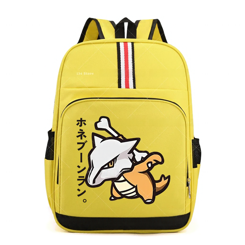 Pokemon Cartoon Backpack – Large Capacity School Bag A yellow backpack featuring a printed character design resembling a white and orange bird with a bone, accompanied by vertical black Japanese text. The backpack has black side pockets, a black bottom trim, and a vertical stripe on the top edge with red, white, and blue.