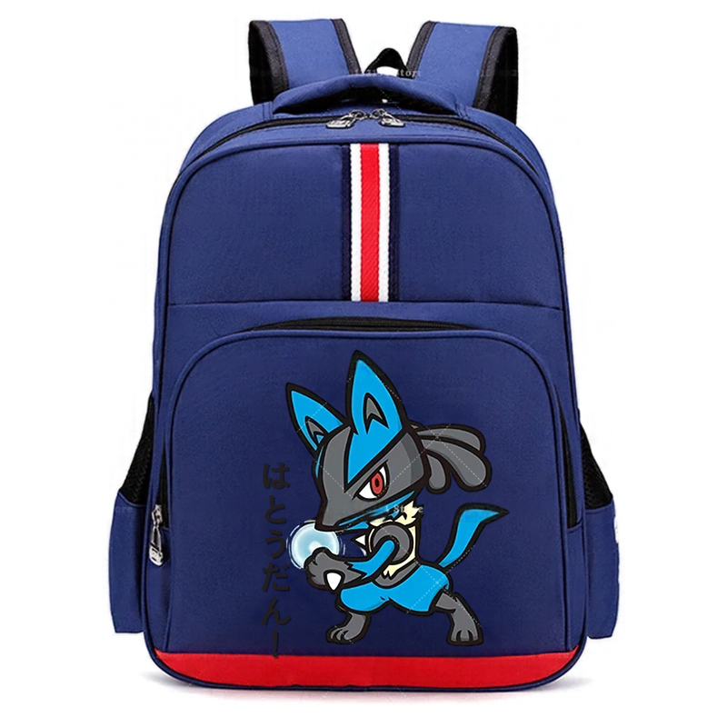 Pokemon Cartoon Backpack – Large Capacity School Bag A navy blue school backpack featuring a graphic of the Pokémon character Lucario on the front pocket, with a vertical red, white, and blue stripe on the upper right side. The backpack is shown against a plain white background with protective watermarks.