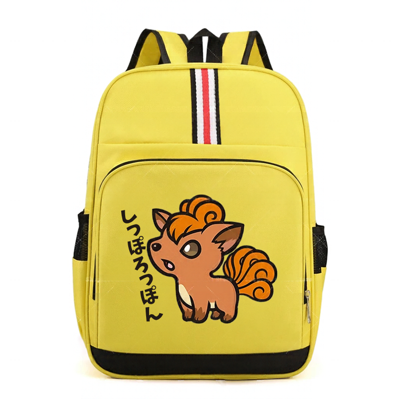 Pokemon Cartoon Backpack – Large Capacity School Bag A bright yellow backpack featuring a cartoon illustration of a fox character with Japanese text on the front pocket, black trim, and a vertical red, white, and black stripe near the top.