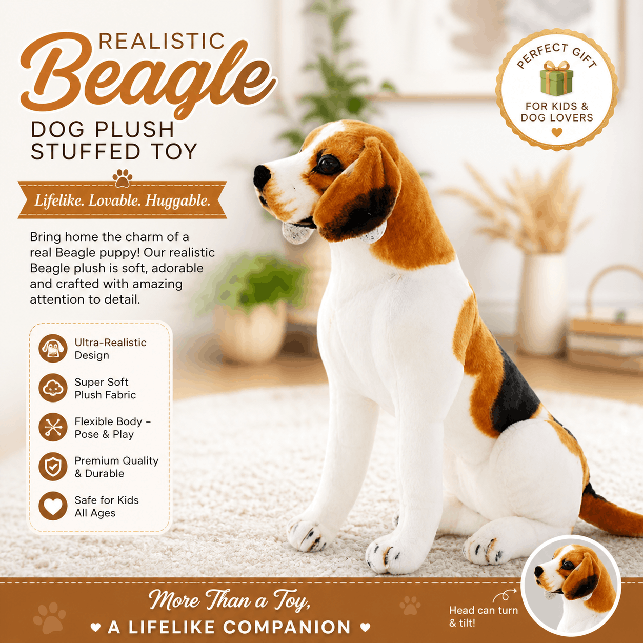Realistic Beagle Dog Plush Stuffed Toy Realistic Beagle dog plush stuffed toy with product details on a soft surface.