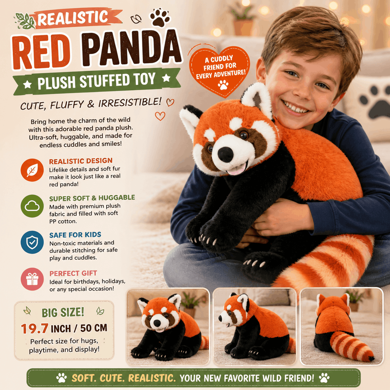 Realistic Red Panda Plush Stuffed Toy Child holding a red panda plush toy with product details on a white background