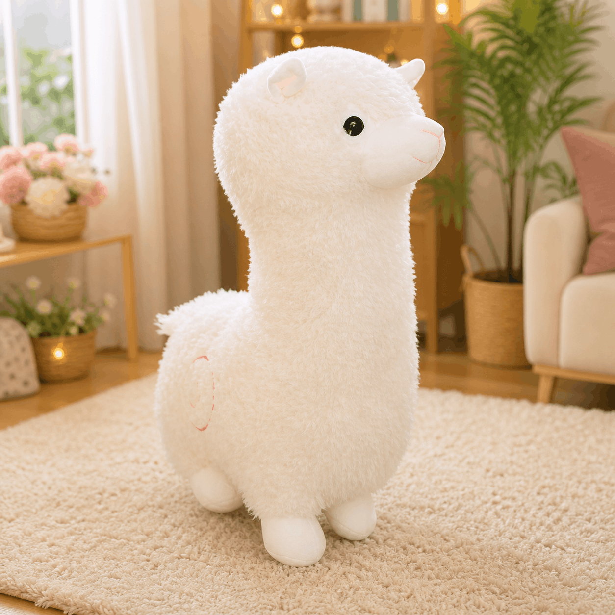 Realistic Giant Sheet Plush Stuffed Toy White plush alpaca toy on a beige carpet in a cozy living room.