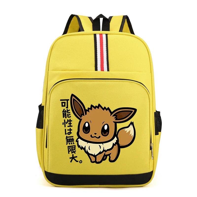 Pokemon Cartoon Backpack – Large Capacity School Bag A bright yellow school backpack featuring a cartoon illustration of Eevee with Japanese text on the front pocket, black trim, and a vertical red, white, and black stripe on the top.