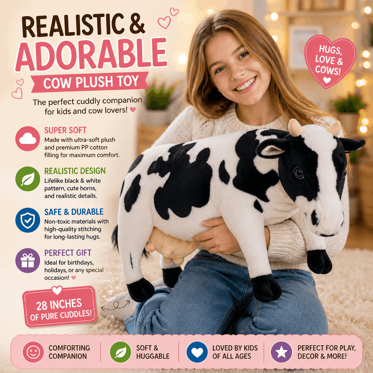 Realistic Cow Plush Stuffed Toy Woman holding a cow plush toy with product features displayed on a light background