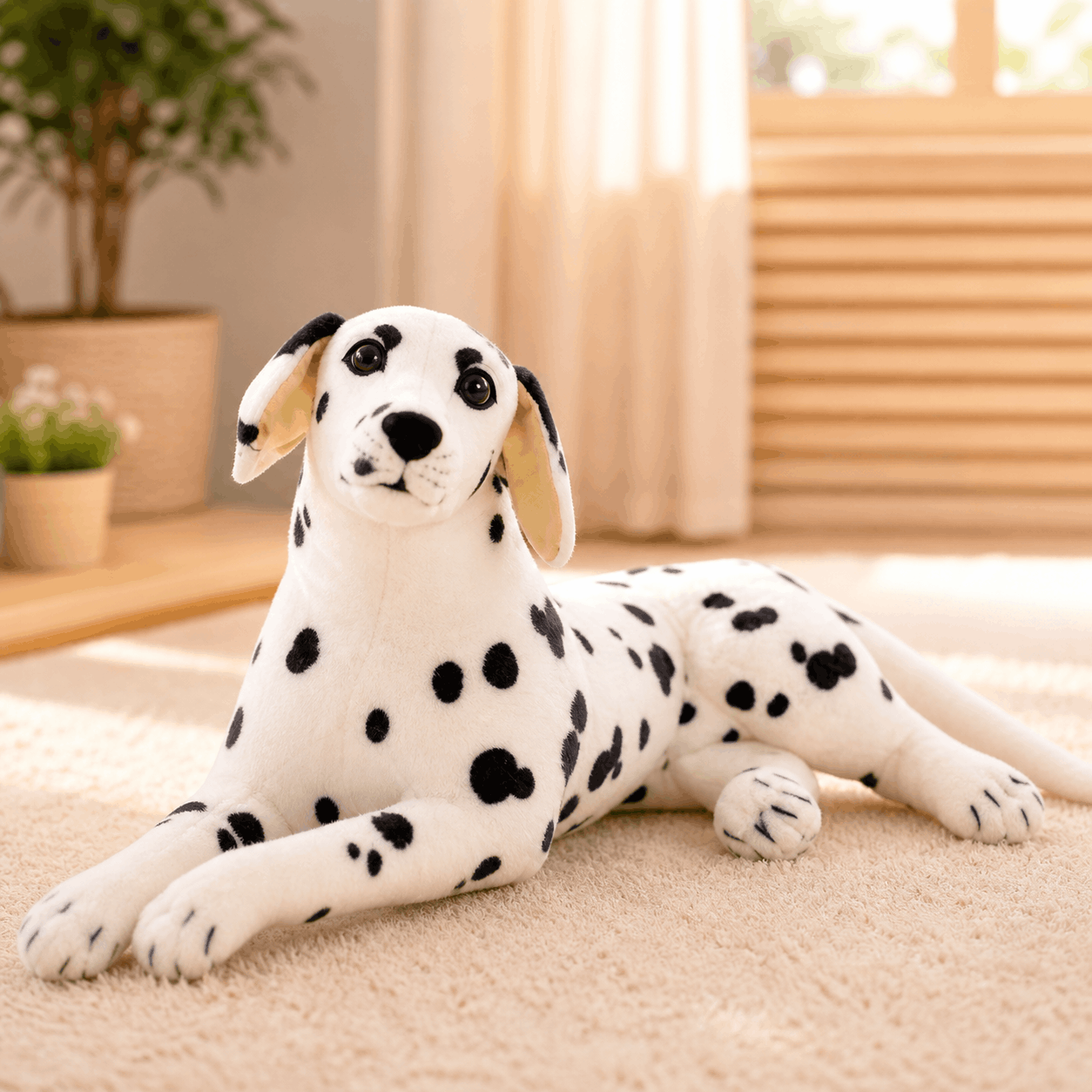 Realistic Dalmatian Dog Plush Stuffed Toy Plush Dalmatian dog toy on a carpeted floor with a blurred indoor background