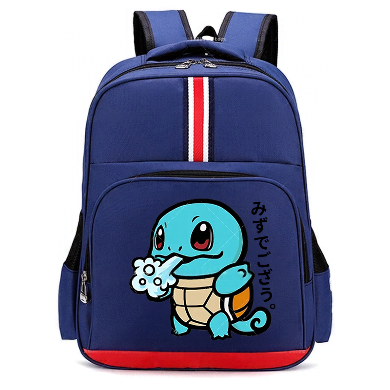 Pokemon Cartoon Backpack – Large Capacity School Bag A blue school backpack featuring a cartoon Squirtle character on the front pocket, with a red, white, and blue vertical stripe on the upper side and a red bottom trim, shown against a plain white background.