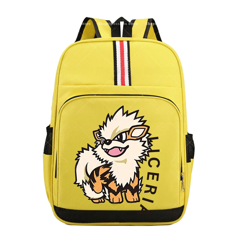 Pokemon Cartoon Backpack – Large Capacity School Bag A yellow school backpack featuring a cartoon graphic of a white and orange tiger cub wearing glasses, with the text 'LICER' printed vertically. The backpack has black trim, side mesh pockets, and a vertical red, white, and black stripe on the top handle area.