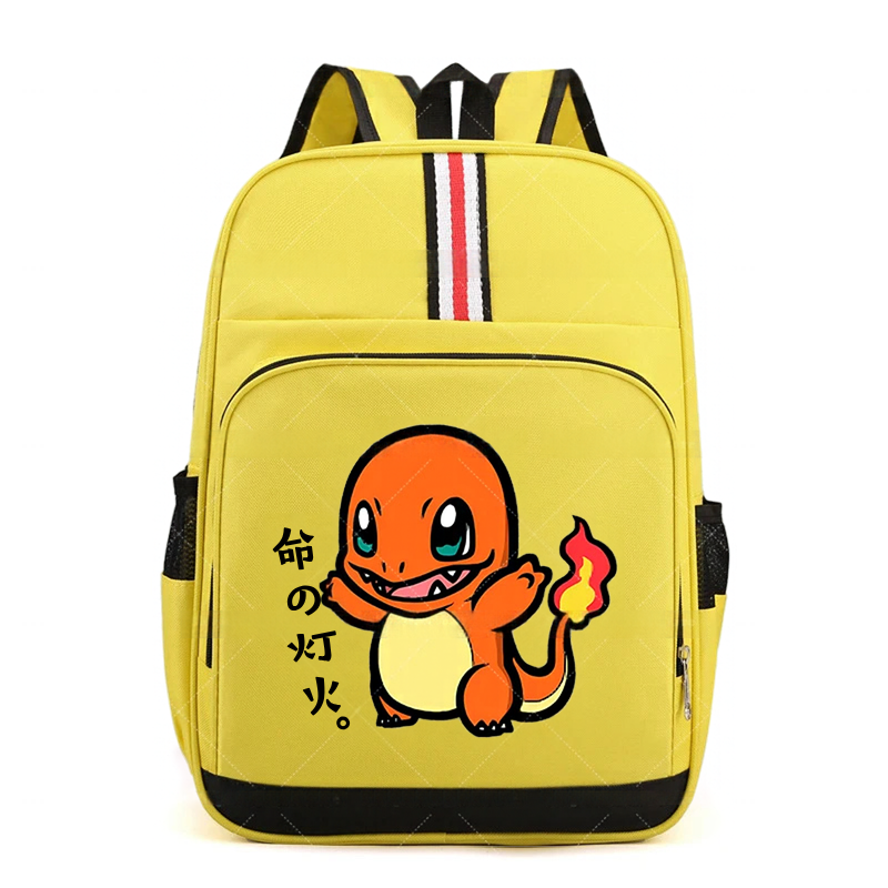 Pokemon Cartoon Backpack – Large Capacity School Bag A yellow backpack featuring a cartoon Charmander graphic on the front pocket, with black trim, side mesh pockets, and a vertical red, white, and black stripe near the top.