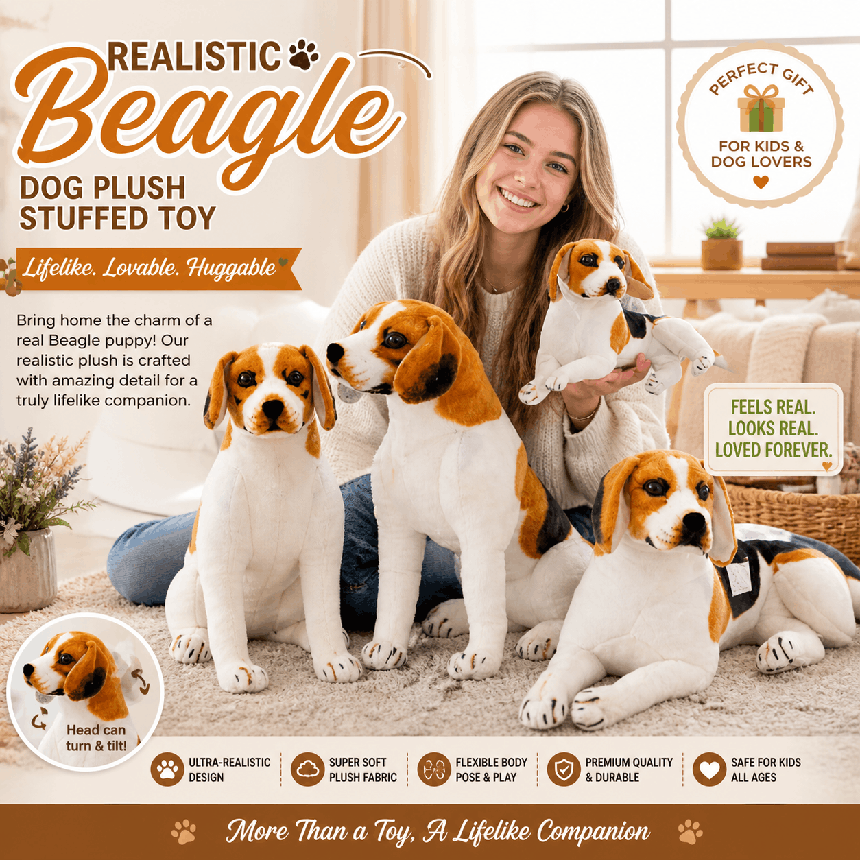 Realistic Beagle Dog Plush Stuffed Toy Woman holding a realistic beagle plush toy with product details on a living room background