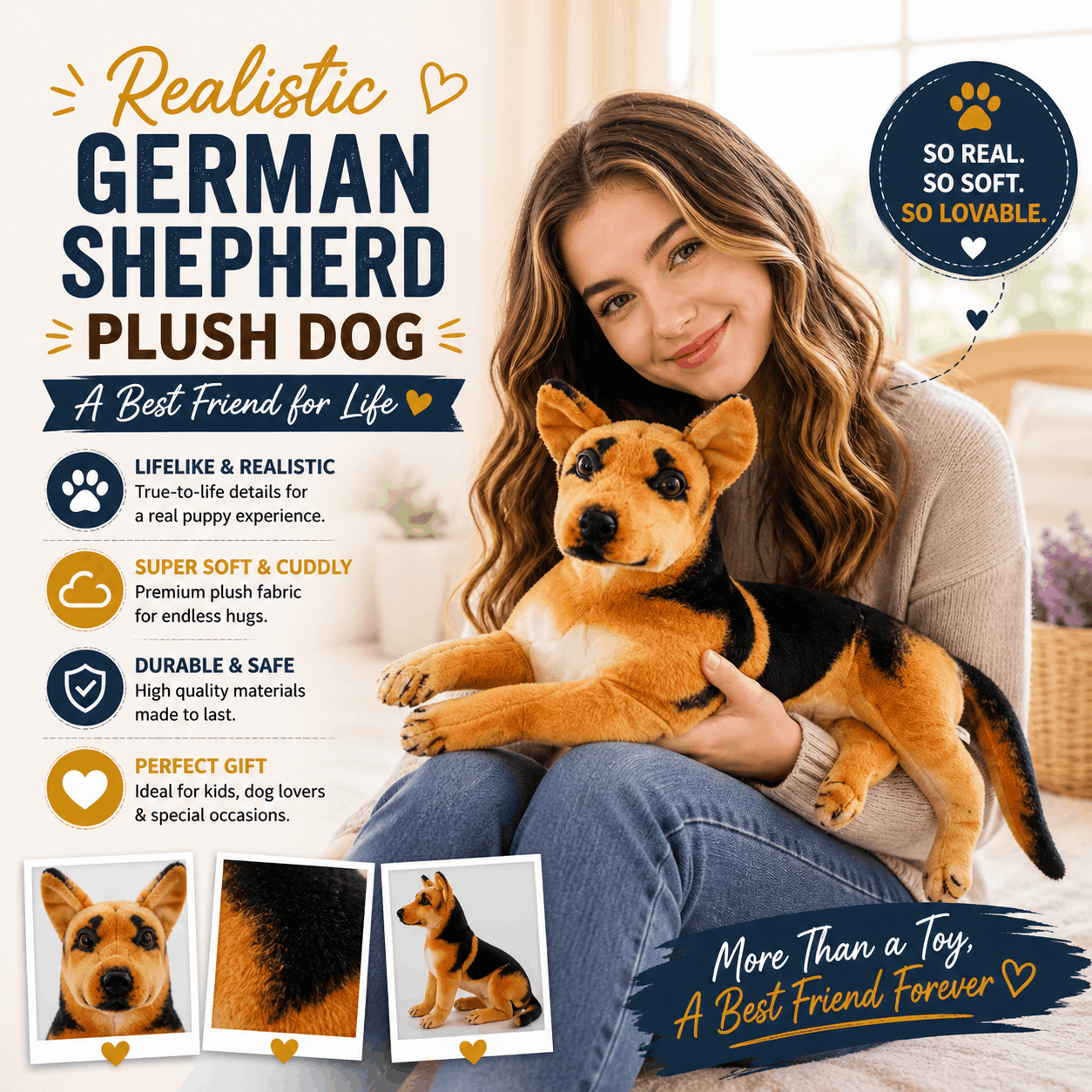 Realistic German Shepherd Dog Plush Stuffed Toy Woman holding a plush German Shepherd dog with product features highlighted