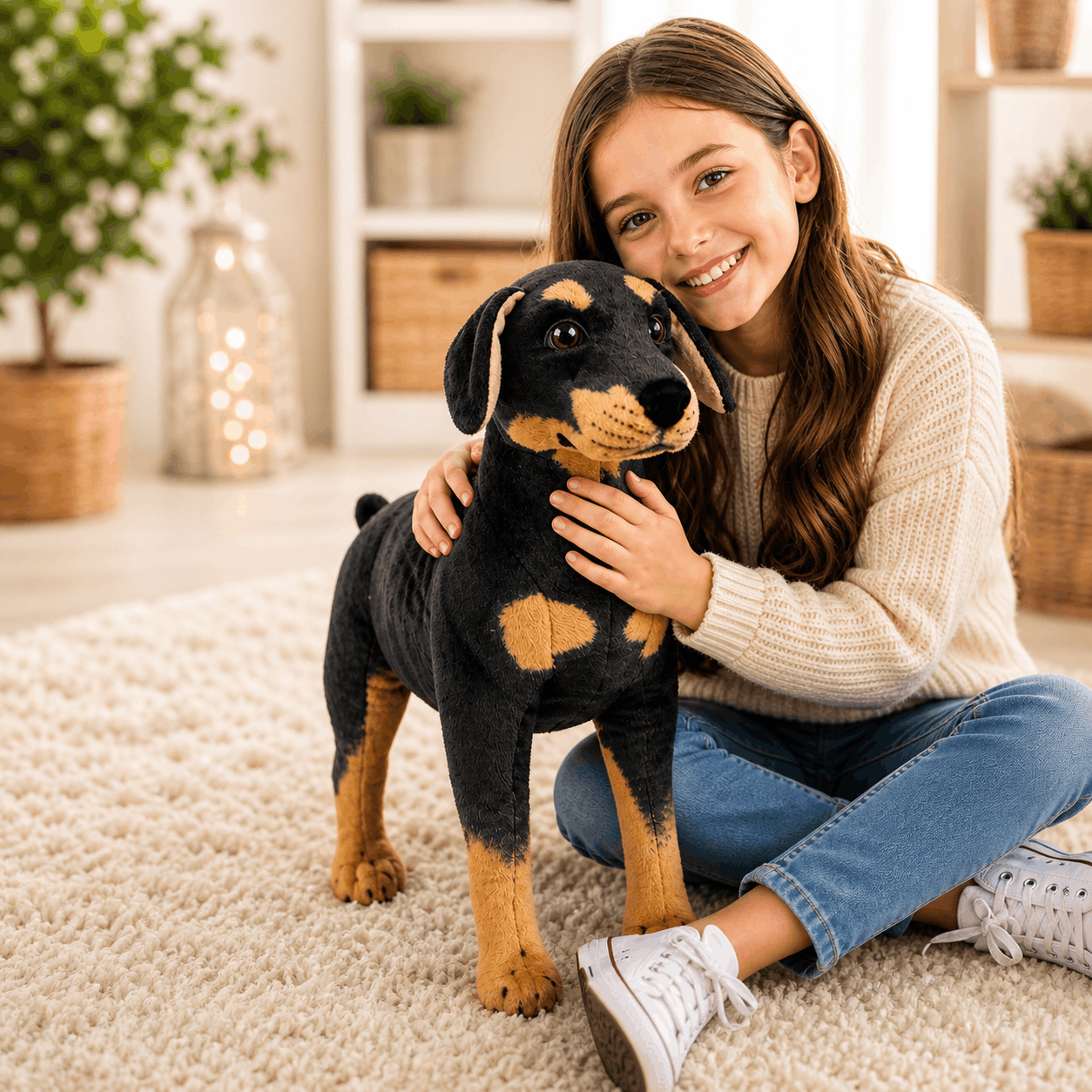 Realistic Black Dog Plush Stuffed Toy Woman holding a large black and brown dog plush toy in a cozy living room.