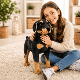 Woman holding a large black and brown dog plush toy in a cozy living room.