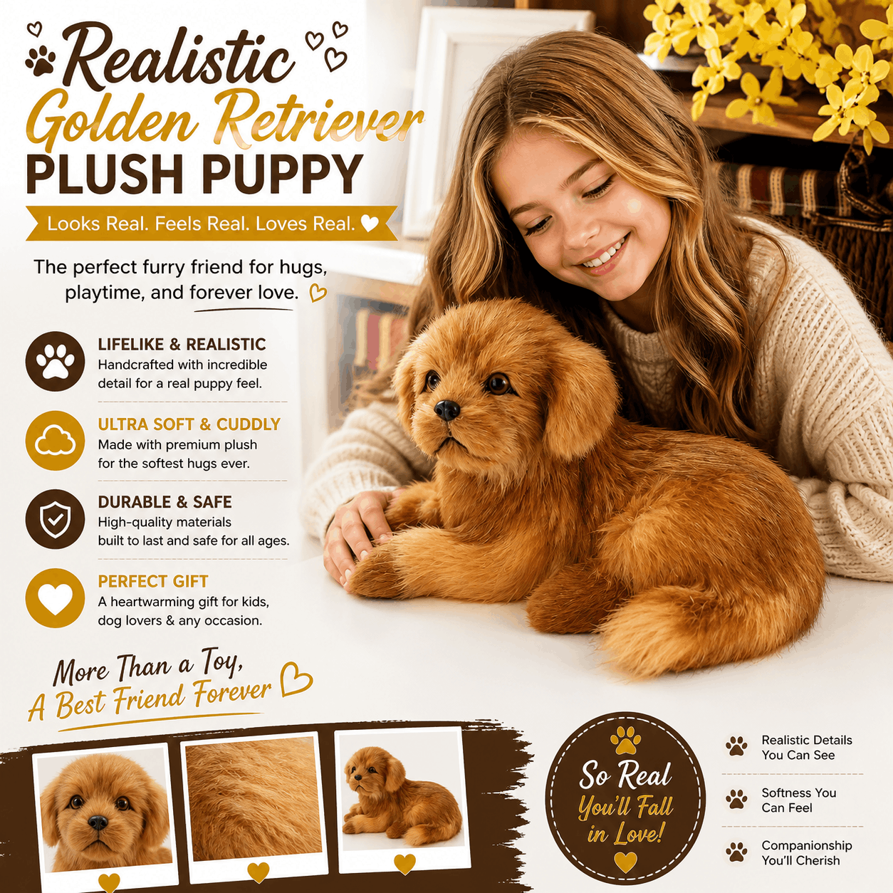 Realistic Golden Retriever Dog Plush Stuffed Toy Woman holding a plush Golden Retriever puppy with product details on a white background