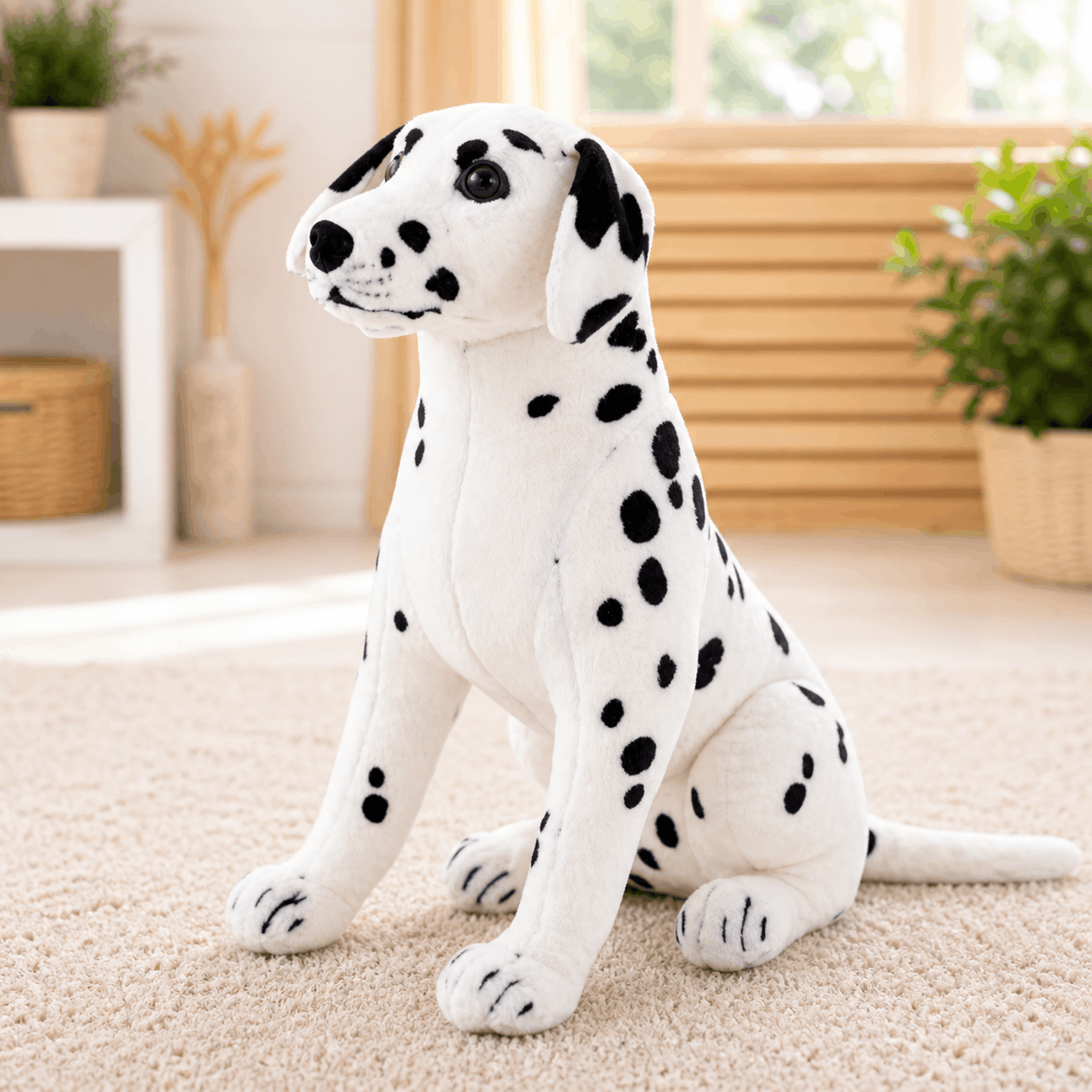 Realistic Dalmatian Dog Plush Stuffed Toy Stuffed dalmatian dog toy on a carpeted floor with a home interior background