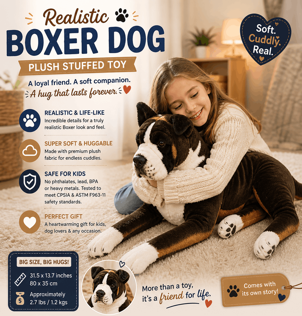 Realistic Boxer Dog Plush Stuffed Toy Plush stuffed Boxer dog toy with a girl hugging it, surrounded by product details.