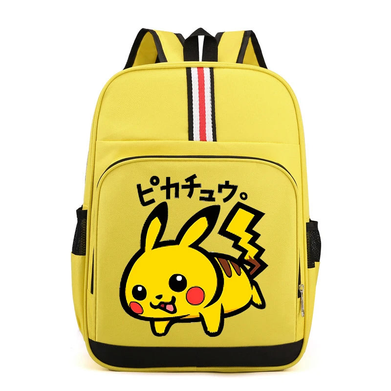 Pokemon Cartoon Backpack – Large Capacity School Bag A yellow backpack featuring a cartoon Pikachu graphic with Japanese text on the front pocket, black trim, and a vertical red, white, and black stripe near the top.