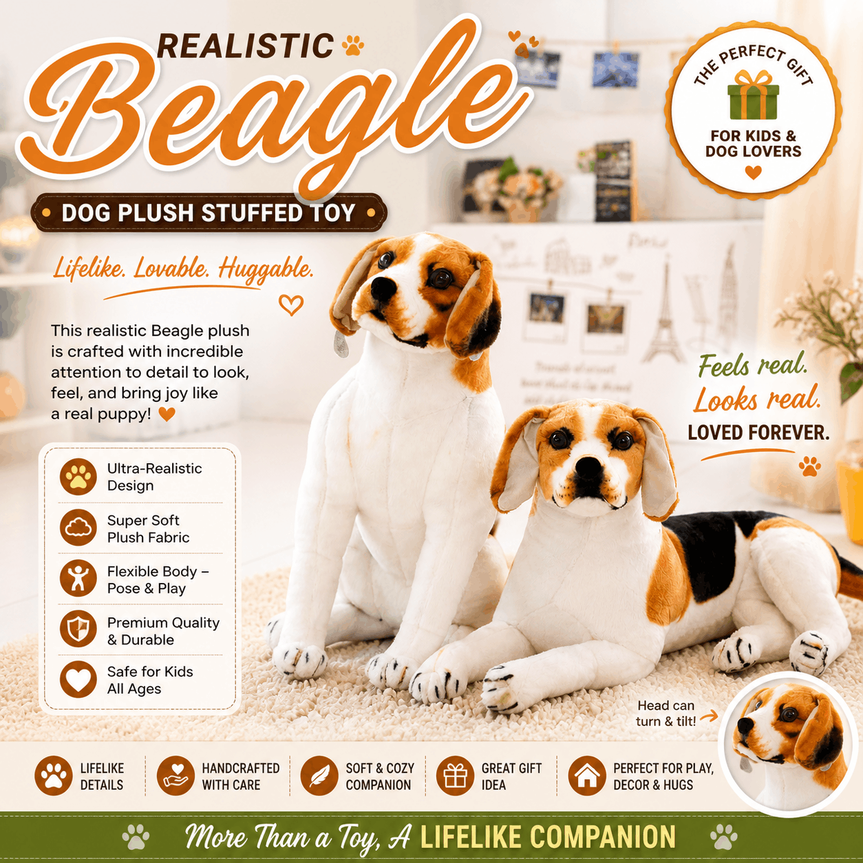 Realistic Beagle Dog Plush Stuffed Toy Realistic Beagle plush stuffed toy with promotional text and features.