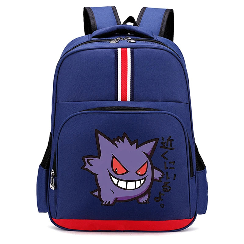 Pokemon Cartoon Backpack – Large Capacity School Bag A blue school backpack featuring a cartoon Gengar graphic on the front pocket, with a red, white, and blue vertical stripe on the upper side and a red bottom trim, shown against a plain white background.