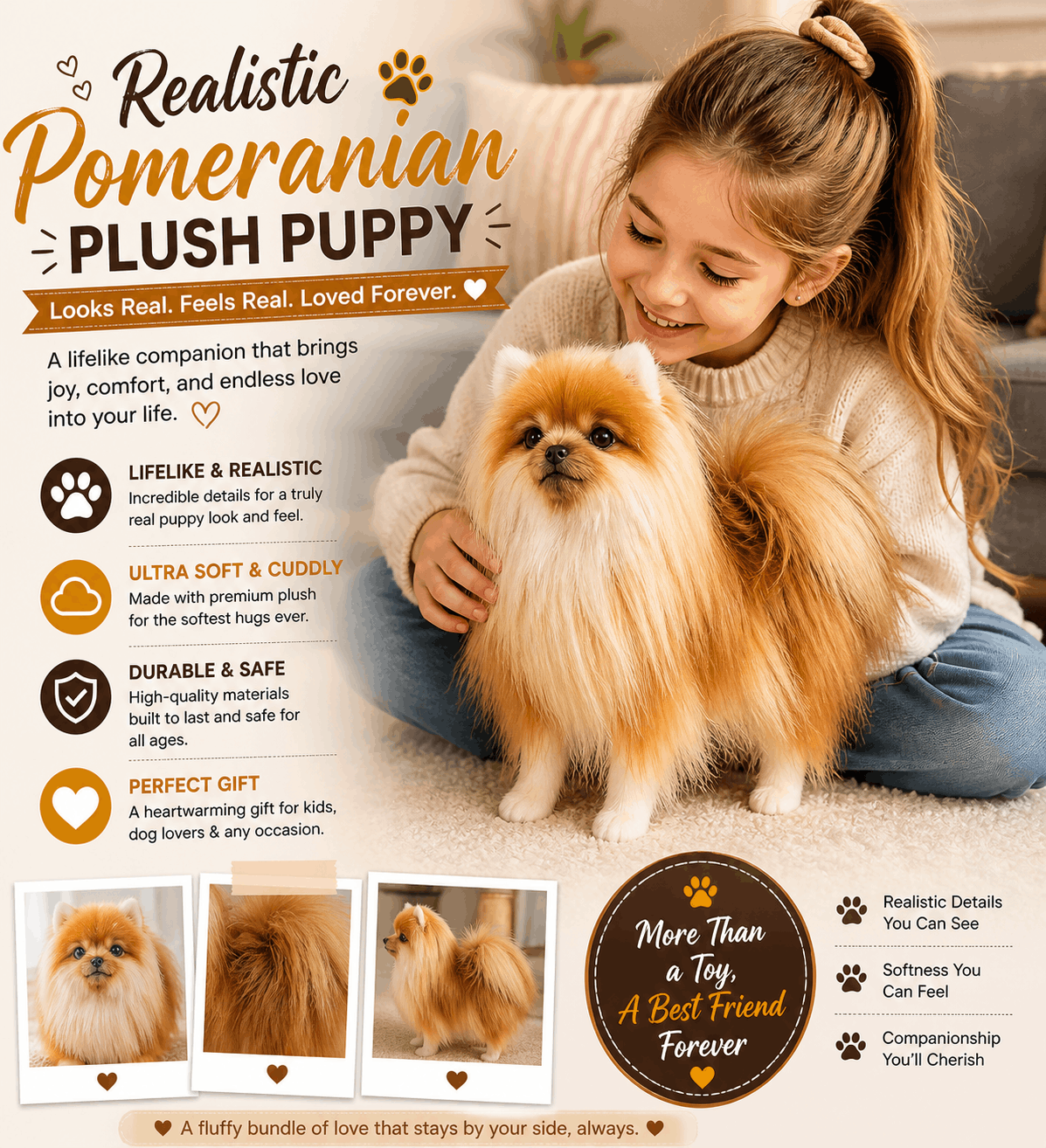Realistic Pomeranian Dog Plush Stuffed Toy Girl holding a fluffy toy dog with promotional text about a realistic plush puppy.