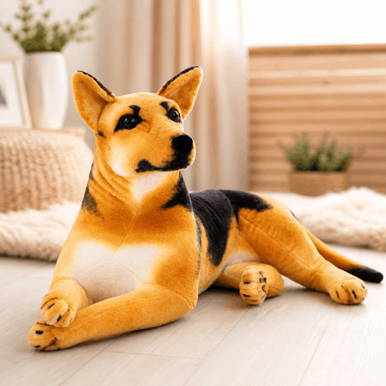 Realistic German Shepherd Dog Plush Stuffed Toy Plush dog toy on a light wooden floor with a neutral background