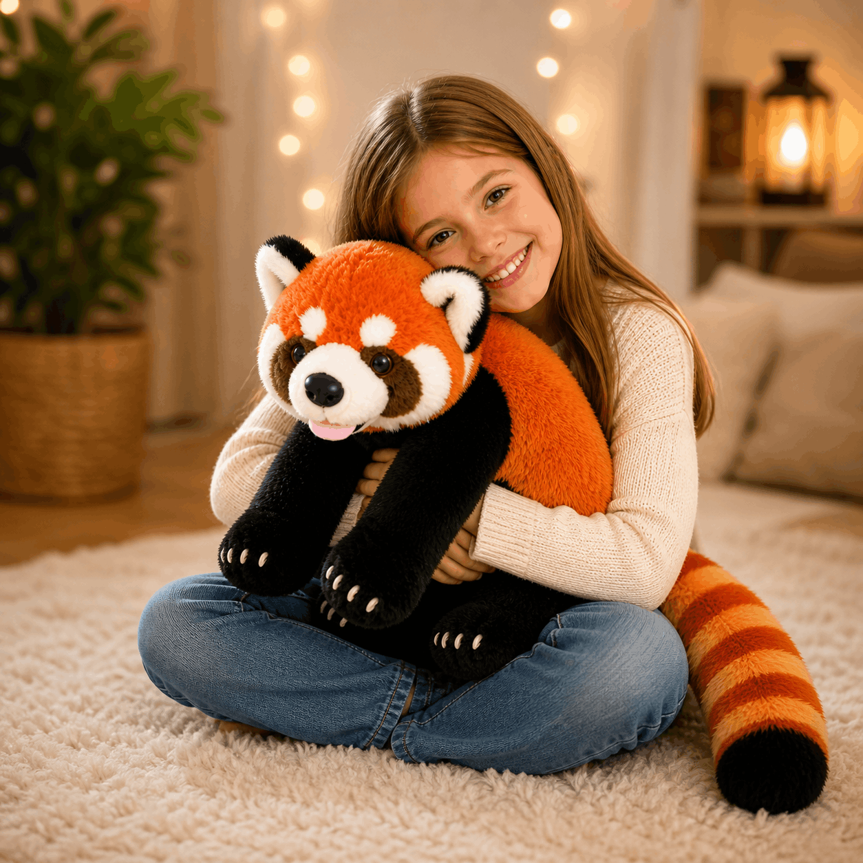 Realistic Red Panda Plush Stuffed Toy Young girl holding a red panda plush toy in a cozy living room.