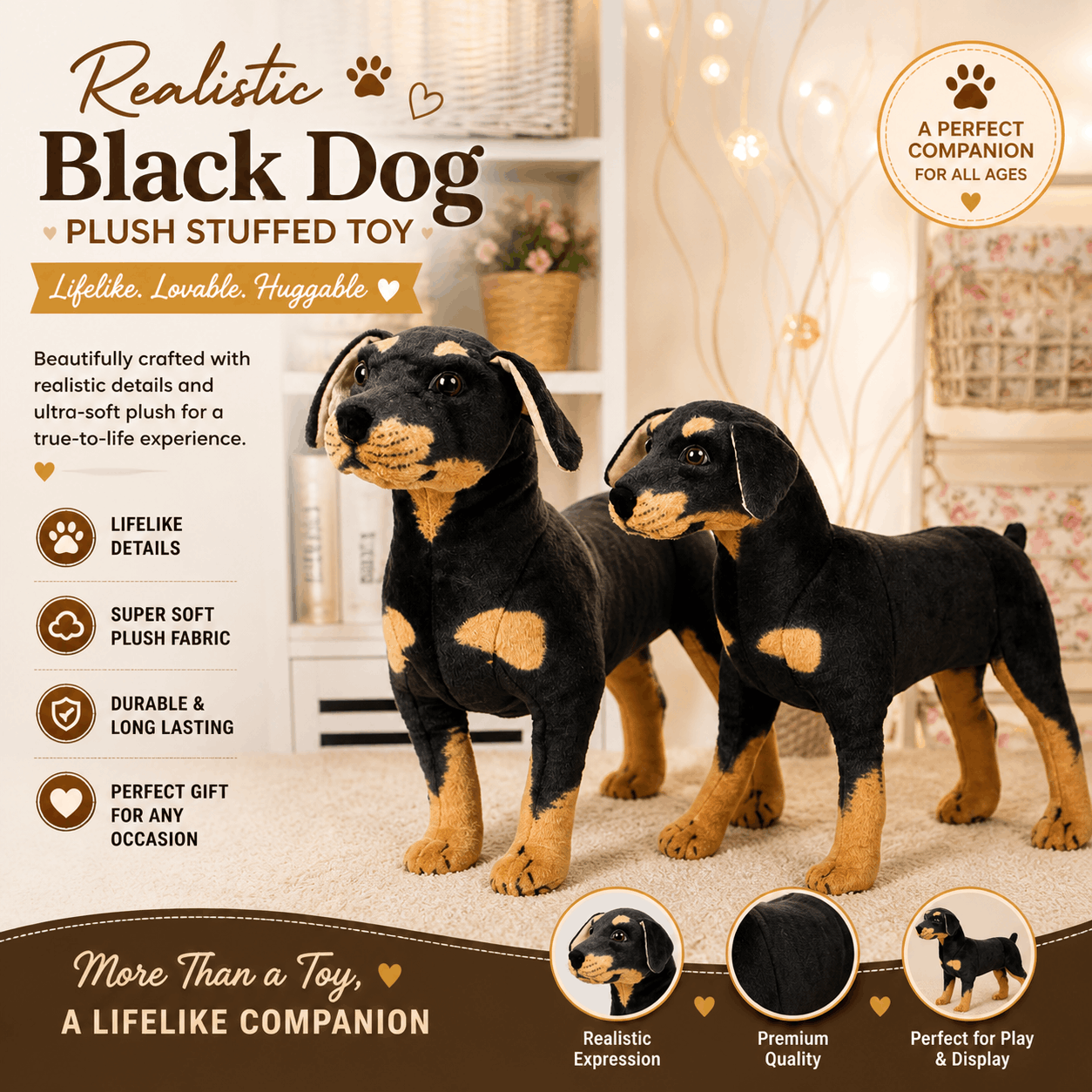 Realistic Black Dog Plush Stuffed Toy Two black and brown plush stuffed dogs on a carpeted floor with product details text.