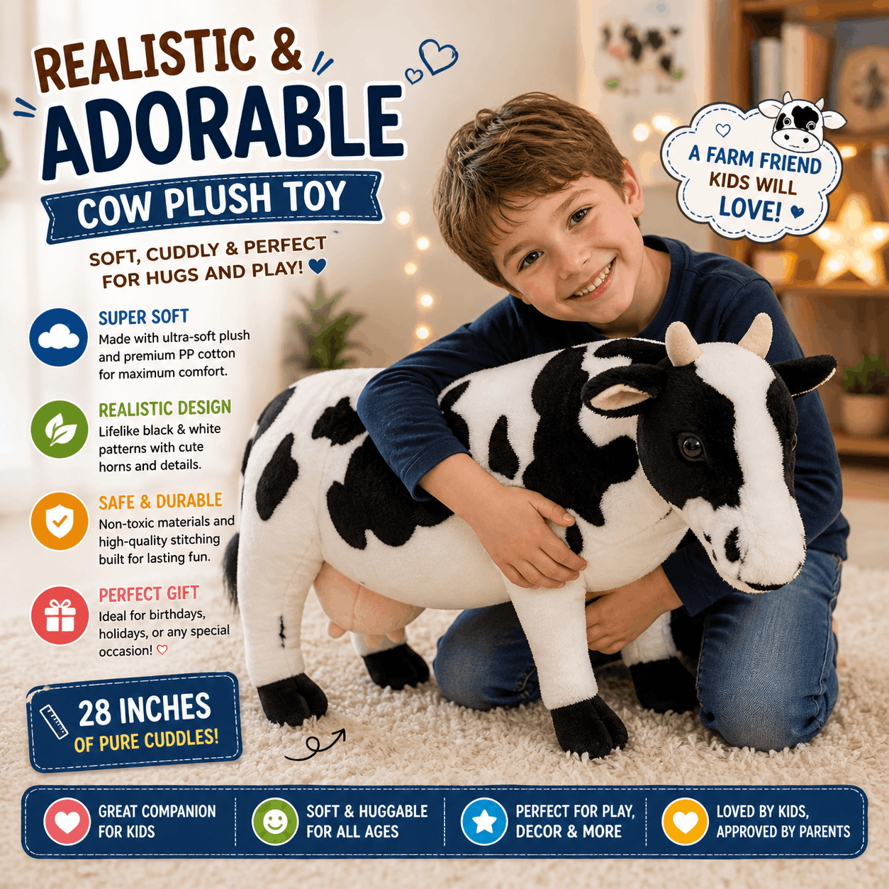 Realistic Cow Plush Stuffed Toy Child holding a cow plush toy with product details on a light background