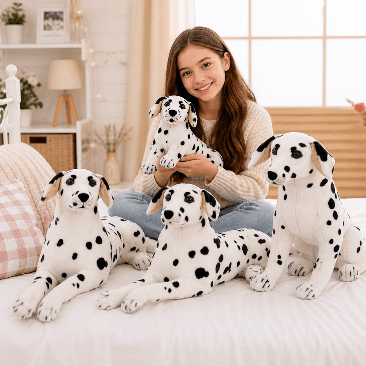 Realistic Dalmatian Dog Plush Stuffed Toy Woman sitting on a bed with large Dalmatian plush toys
