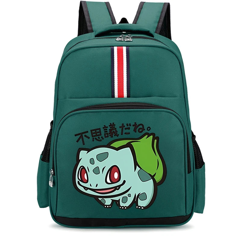 Pokemon Cartoon Backpack – Large Capacity School Bag A dark teal green backpack featuring a cartoon illustration of Bulbasaur with Japanese text on the front pocket, a red, white, and blue vertical stripe detail, and black side pockets.