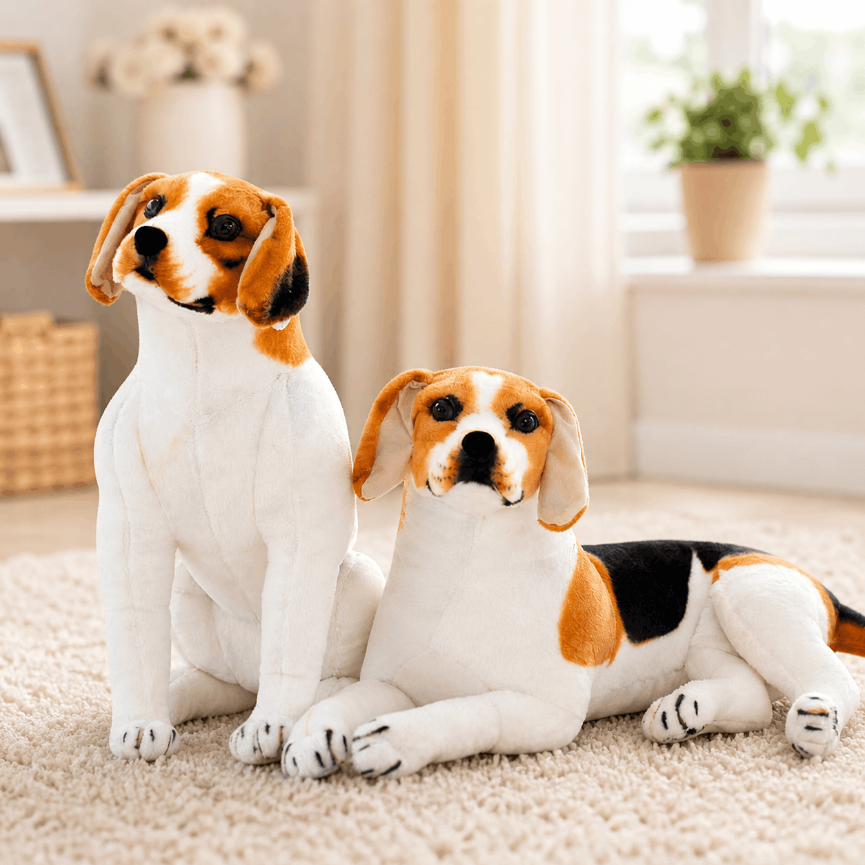 Realistic Beagle Dog Plush Stuffed Toy Two plush dog toys resembling beagles on a carpeted floor.