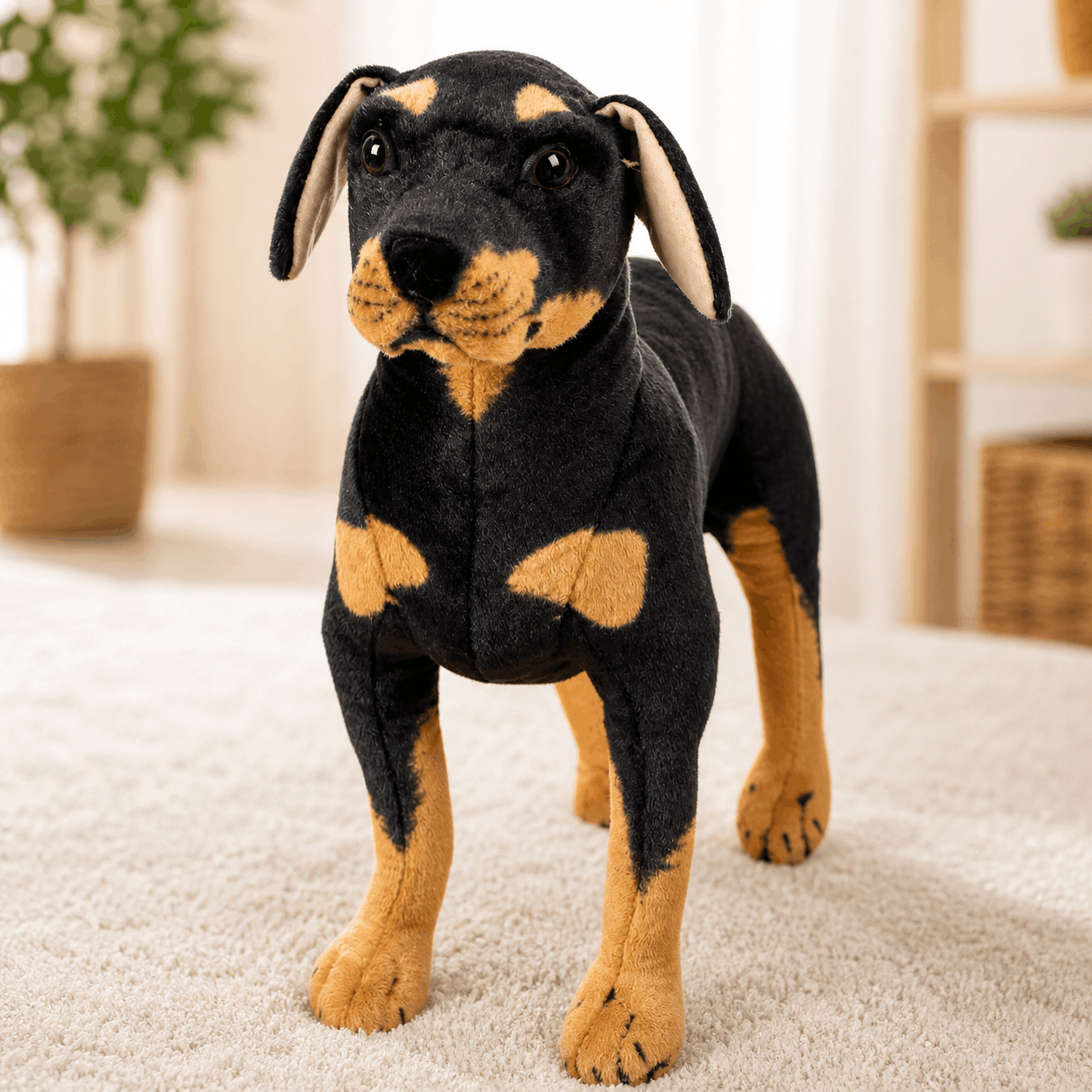 Realistic Black Dog Plush Stuffed Toy Plush toy dog with black and brown coloring on a carpeted floor.