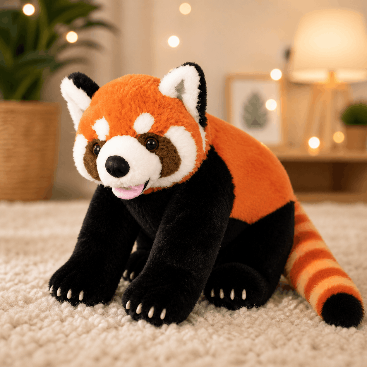 Realistic Red Panda Plush Stuffed Toy Plush toy red panda on a carpeted floor with a cozy background