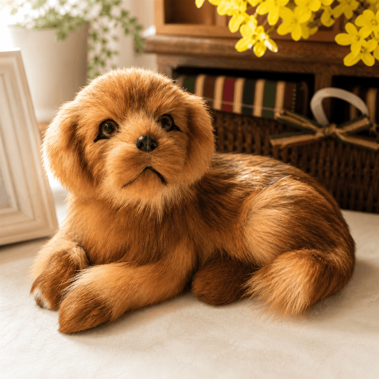 Realistic Golden Retriever Dog Plush Stuffed Toy Stuffed dog toy on a light surface with a blurred indoor background