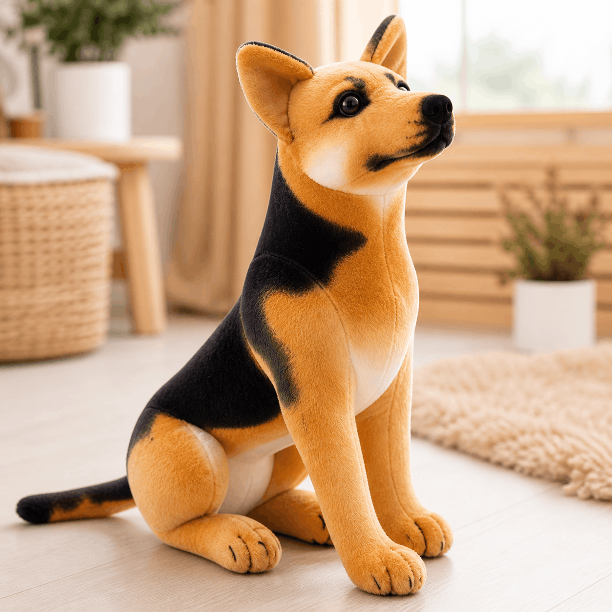 Realistic German Shepherd Dog Plush Stuffed Toy Plush dog toy sitting on a light-colored floor with a blurred indoor background