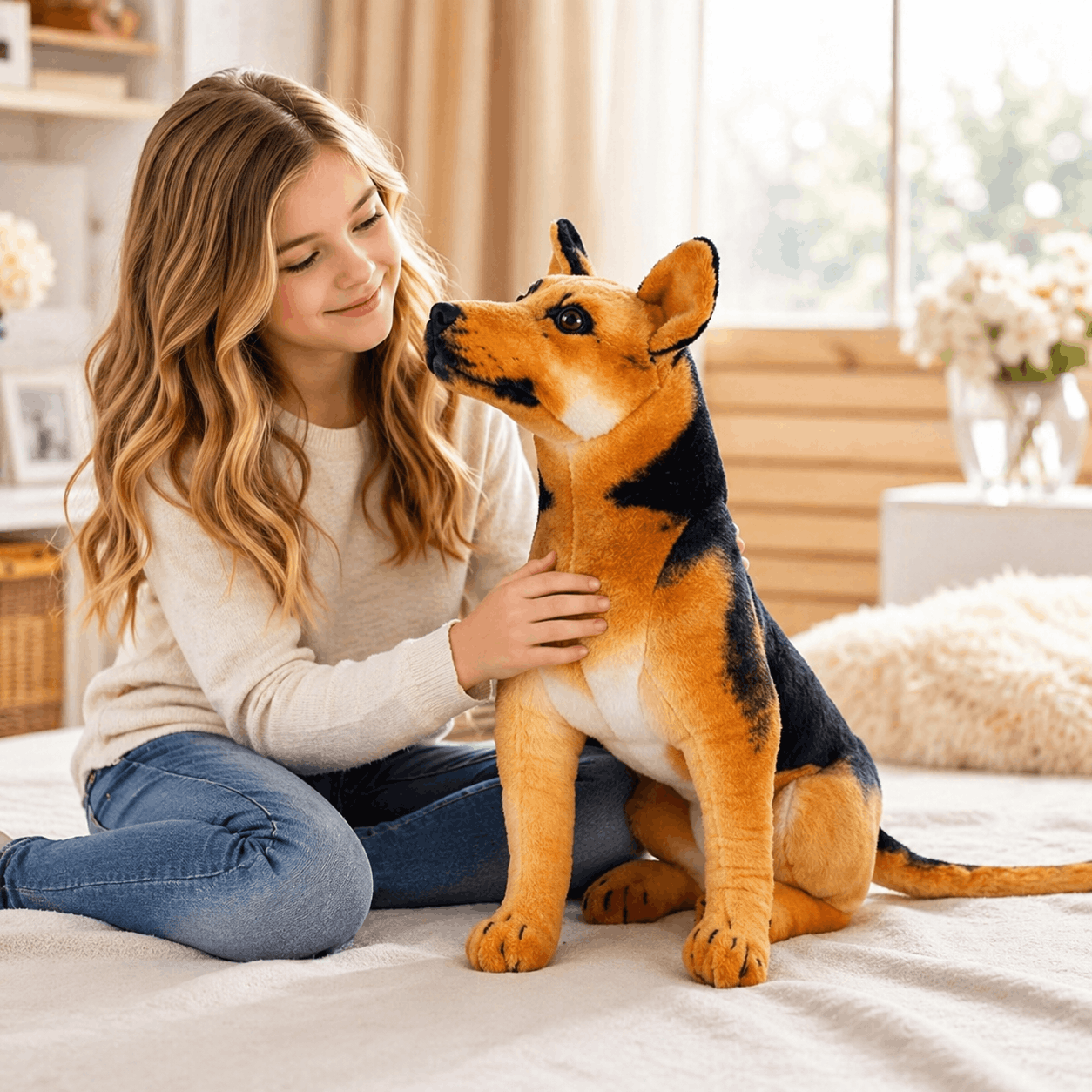 Realistic German Shepherd Dog Plush Stuffed Toy Woman sitting on a bed with a large dog plush toy
