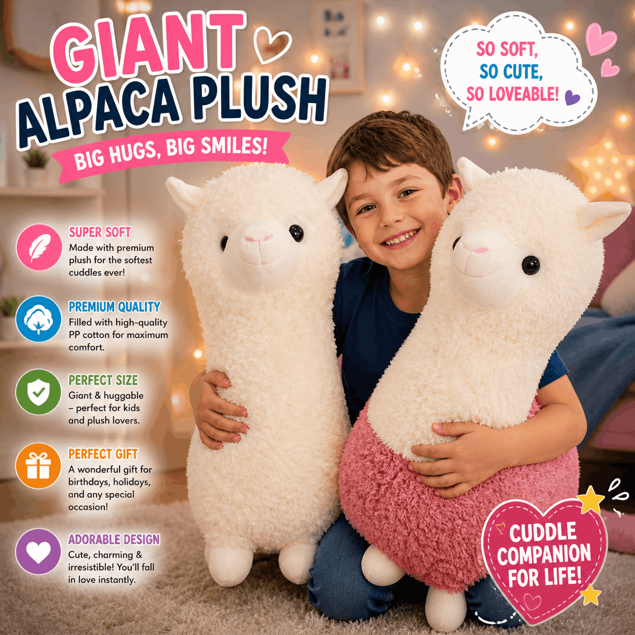 Realistic Giant Sheet Plush Stuffed Toy Child holding two giant alpaca plush toys with product features displayed.
