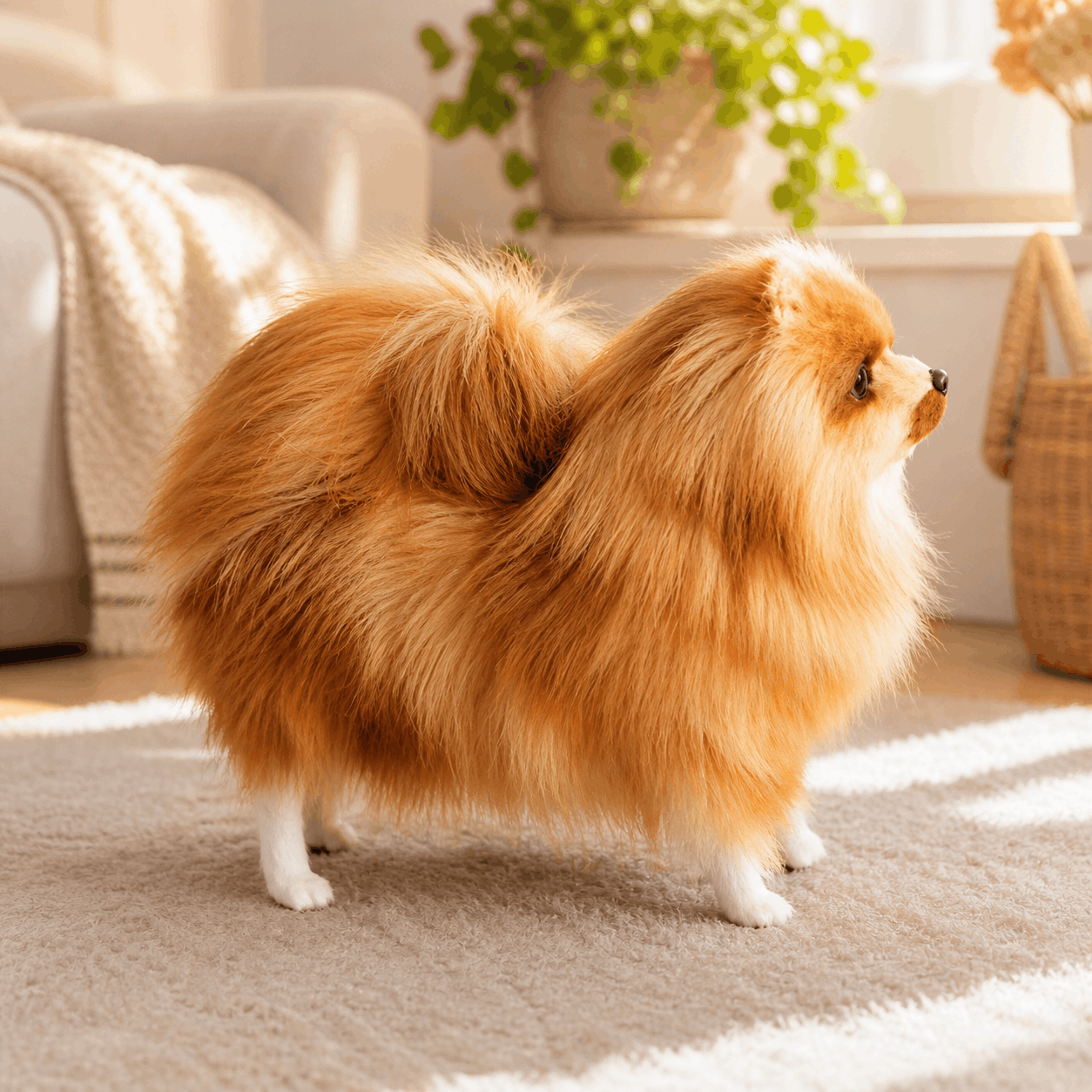 Realistic Pomeranian Dog Plush Stuffed Toy Small fluffy dog standing on a carpeted floor in a cozy living room.
