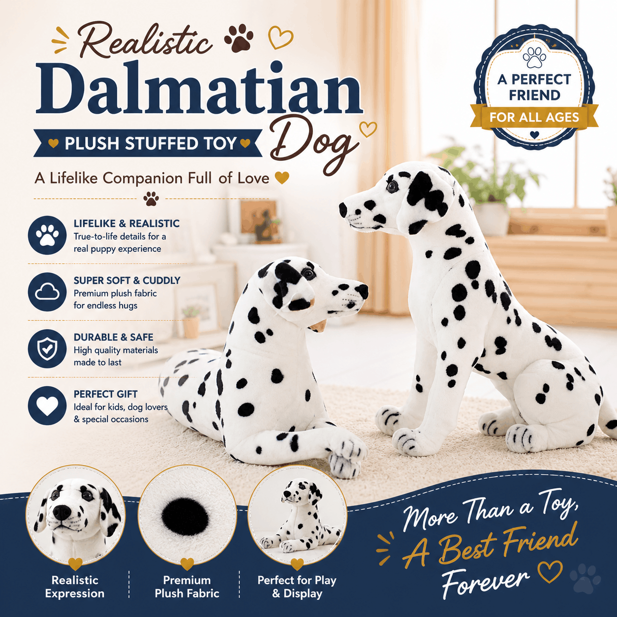 Realistic Dalmatian Dog Plush Stuffed Toy Plush stuffed Dalmatian dog toy with product features and benefits on a white background