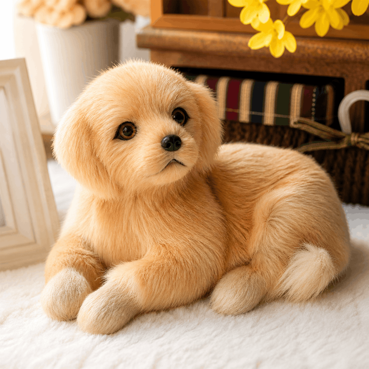 Realistic Golden Retriever Dog Plush Stuffed Toy Plush toy dog sitting on a white surface with a blurred indoor background