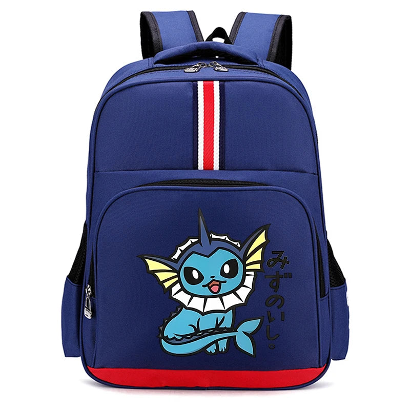 Pokemon Cartoon Backpack – Large Capacity School Bag A blue school backpack featuring a cartoon illustration of a blue creature with yellow accents, a red and white vertical stripe on the upper back, and a red bottom trim, shown against a plain white background.