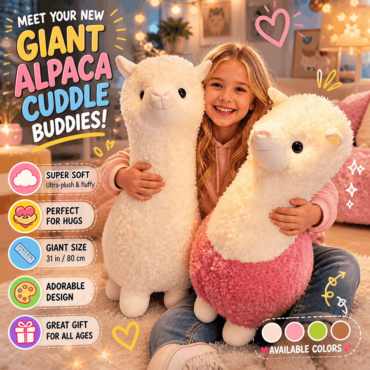Realistic Giant Sheet Plush Stuffed Toy Child holding two giant plush alpacas with product features displayed.
