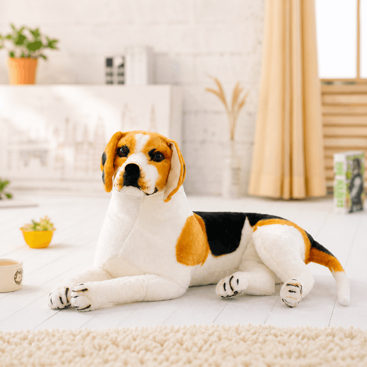 Realistic Beagle Dog Plush Stuffed Toy Stuffed dog toy on a tiled floor with a blurred indoor background