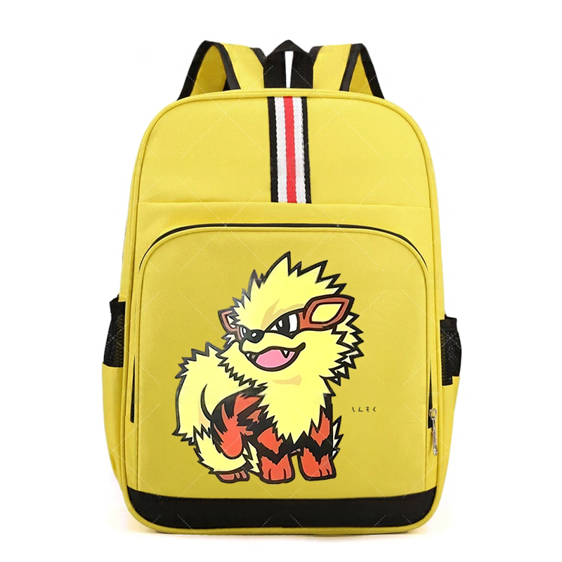 Pokemon Cartoon Backpack – Large Capacity School Bag A yellow backpack featuring a cartoon illustration of a fluffy yellow creature with red accents on the front pocket. The backpack has black side mesh pockets, black straps, and a vertical stripe detail in red, white, and black on the upper back.