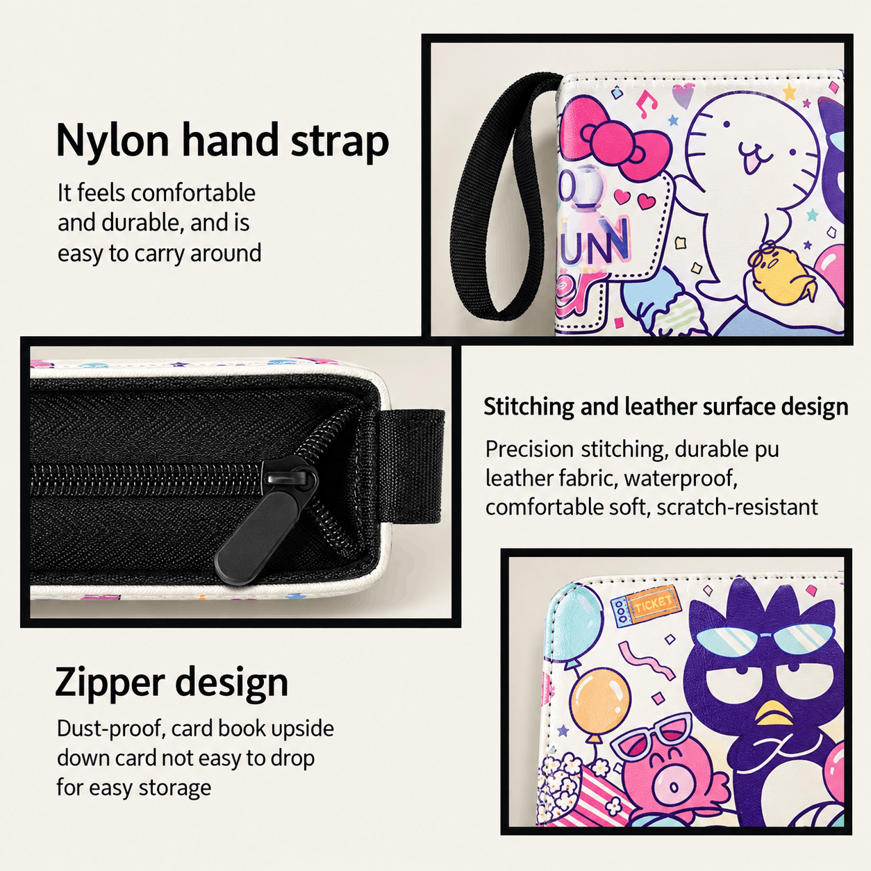 Pokemon Card Album – Gengar, Charizard & Eevee Trading Card Binder A product feature infographic showing a small zip pouch with text callouts: nylon hand strap, zipper design, and stitching/leather surface design. The pouch has a white base with colorful cartoon prints in pink, purple, blue, and yellow, and is shown in a clean graphic layout on a light beige background.