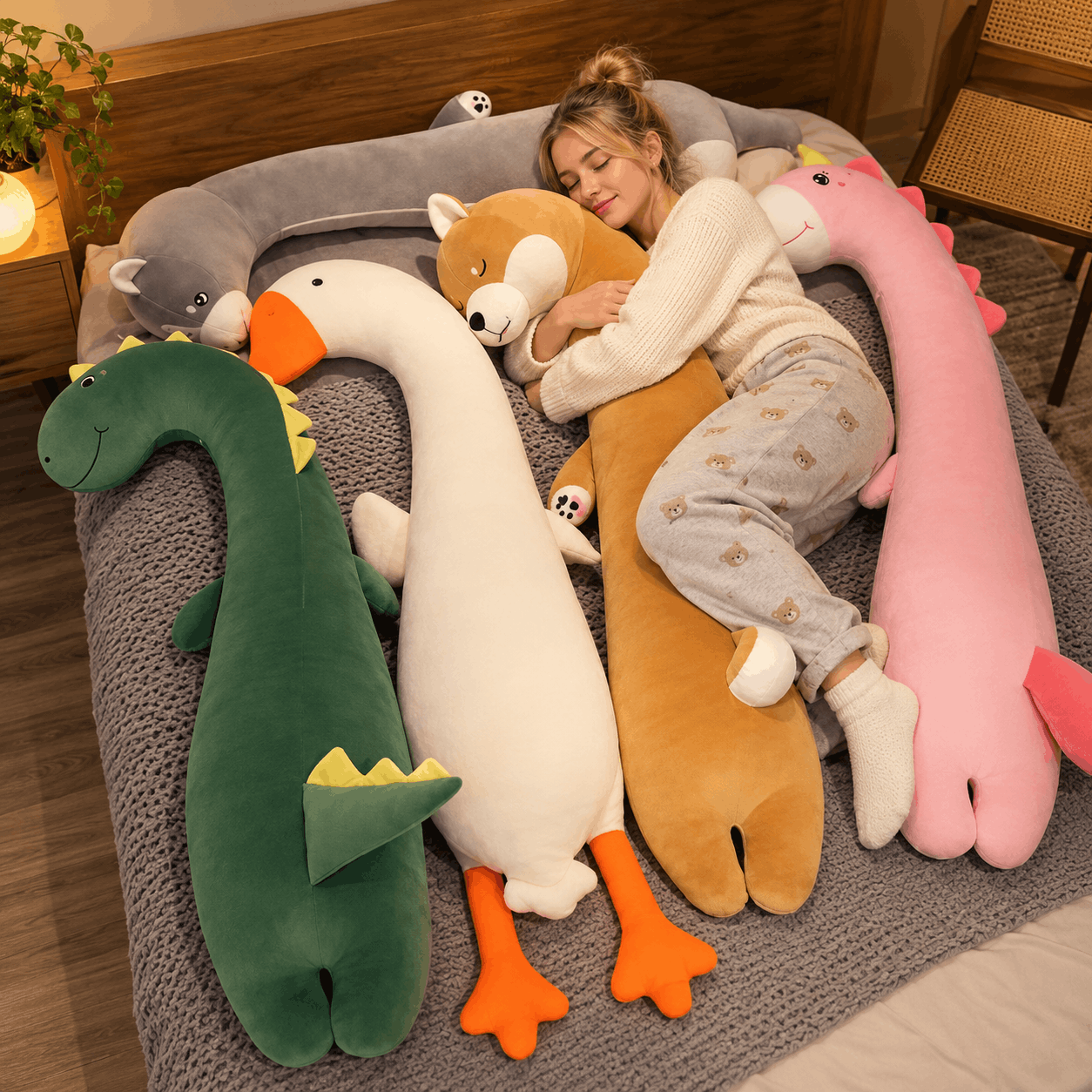 Squishmallow Fluffy Animal Body Pillow A woman lies on a bed surrounded by four large plush animal pillows shaped like a dinosaur, a goose, a fox, and a unicorn in a cozy bedroom setting.