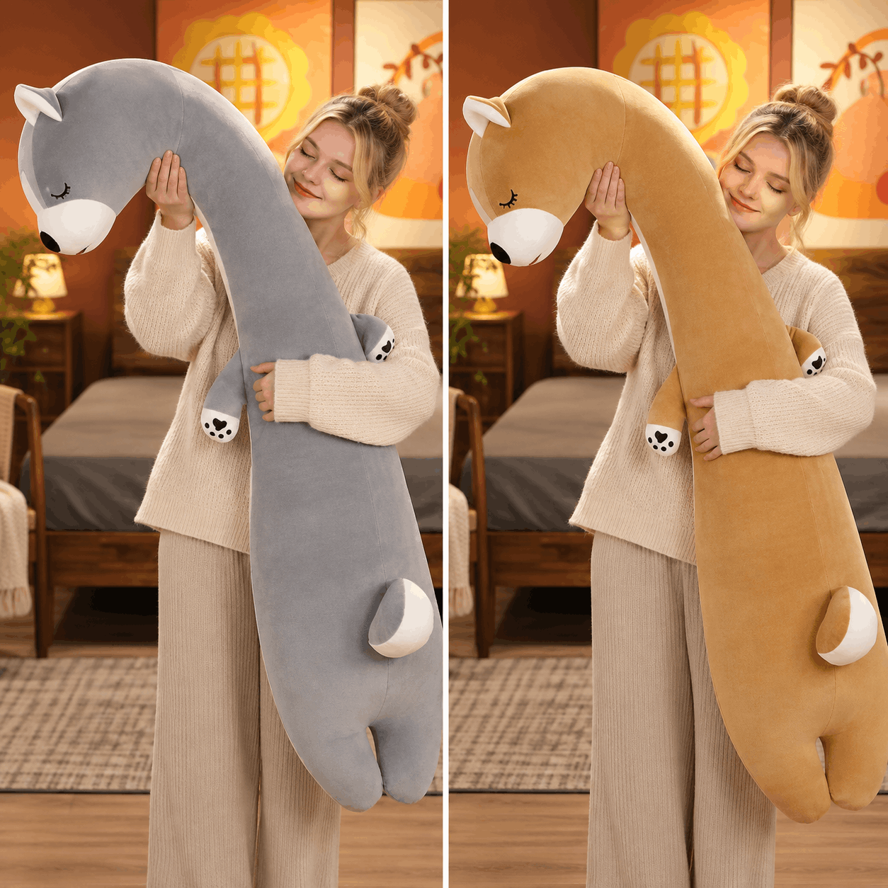 Squishmallow Fluffy Animal Body Pillow A split-screen lifestyle image showing a woman hugging two long plush animal slippers: one gray and one tan. The slippers have long necks, small white paw pads, and are shown in a warm, cozy bedroom setting.